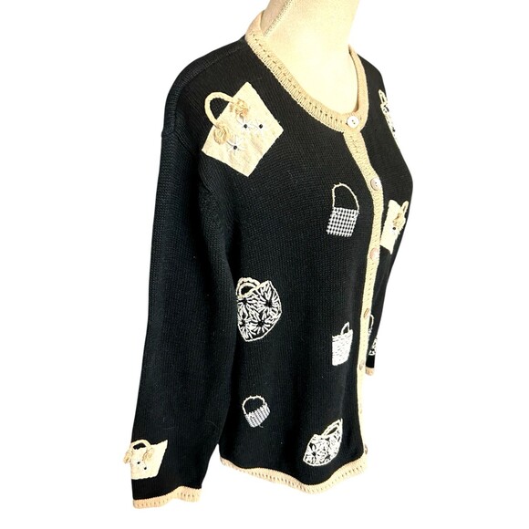 Vintage Talbot Black Tan Beaded Embroidered Handbag Cardigan Ugly Sweater 1X - Picture 4 of 9
